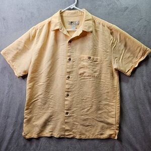 Joe Marlin Shirt Mens Sz L Yellow Hawaiian Short Sleeve Beach Palm Tree Button U